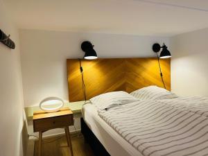 a bedroom with a bed with two lights above it at Exclusive Aalborg Harbourfront Apartment with Private Entrance in Aalborg