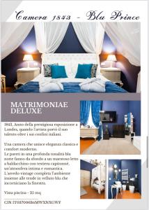 a flyer for a bedroom with a bed and a poster at Villa Meraville in Bologna