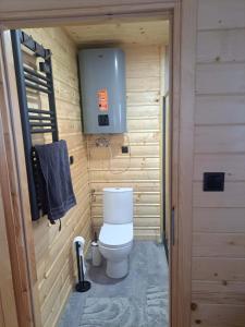 a small bathroom with a toilet in a wooden cabin at Juraszówka in Kamesznica