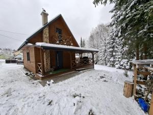 a cabin in the snow with snow covered trees at Juraszówka in Kamesznica