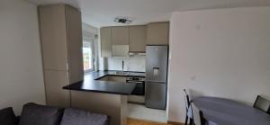 eine Küche mit einem Kühlschrank aus Edelstahl und einem Tisch in der Unterkunft ETA Apartments in Belgrad