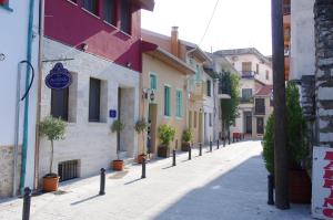 約阿尼納的住宿－Nafsika，人行道上一条有建筑和盆栽植物的街道