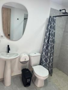 un bagno con un water, un lavandino e uno specchio di Hotel San Gil House a San Gil