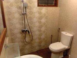 a bathroom with a shower with a toilet and a sink at Serenique Greens in Kandy