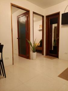 ein Wohnzimmer mit einer Tür und einer Topfpflanze in der Unterkunft Kalachuchi Place by Aman Sinaya in General Luna