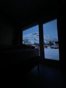 Alpan Apartments, Lyngenfjord في Olderdalen: غرفة نوم بها نافذة مطلة على جبل ثلجي