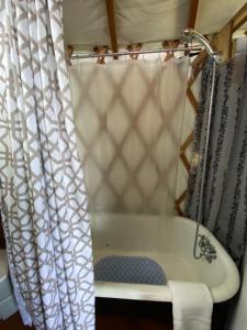 a bathroom with a bath tub with a shower curtain at Yourte Forêt des Murmures in Sacré-Coeur-Saguenay