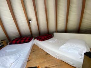 two beds in a small room with a wall at Yourte Forêt des Murmures in Sacré-Coeur-Saguenay