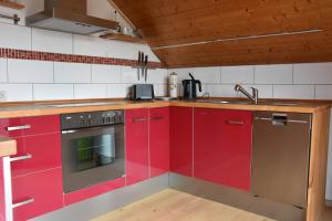 a kitchen with red cabinets and a sink at FeWo Wacholderheide in Langenau +8 photos
