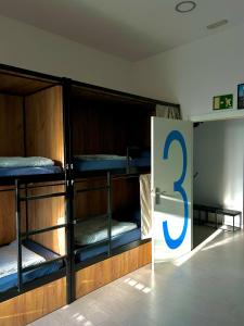 a room with three bunk beds with a sign on it at Downtown River Hostel in Donostia-San Sebastián