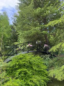 Un puente negro con algunas flores. en Suite avec balnéothérapie, en Montholon