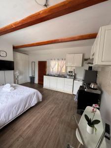 a large bedroom with a bed and a kitchen at The Uptown studio in Lusaka