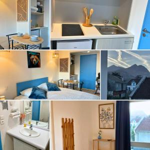 een collage van foto's van een keuken en een badkamer bij Tanière Bleue - OFFER - Clim - Wifi in Lourdes