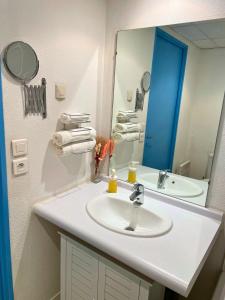 een badkamer met een witte wastafel en een spiegel bij Tanière Bleue - OFFER - Clim - Wifi in Lourdes