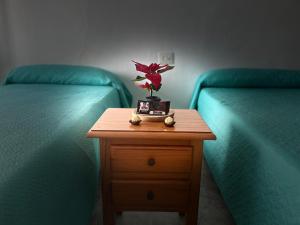 a room with two beds and a table with a plant on it at El Flamenco in Mojácar