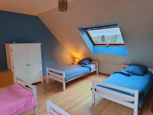 a attic room with two beds and a window at La maison de Keralies in Pleumeur-Bodou