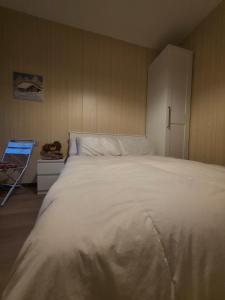 ein Schlafzimmer mit einem großen weißen Bett und einem Schrank in der Unterkunft Hope Home Trentino in San Martino di Castrozza