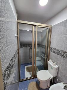 een kleine badkamer met toilet en douche bij Residence Imlil Ouarzazate in Ouarzazate +14 foto's