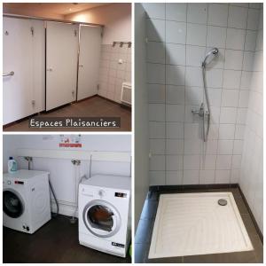 a bathroom with a washing machine and a washer at Zimon- Bateau Authentique - vue sur la Seine in Rouen +31 photos