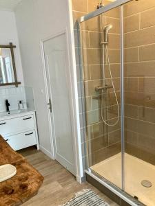 una doccia con una porta in vetro in un bagno di La Longère a Vierzon
