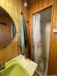 a bathroom with a green sink and a mirror at Sørstraumen View in Nordstraumen +50 photos