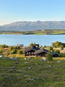 a house in a field next to a body of water at Sørstraumen View in Nordstraumen