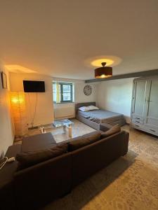 a living room with a couch and a bed at T1 a loué centre ville de Guéret in Guéret