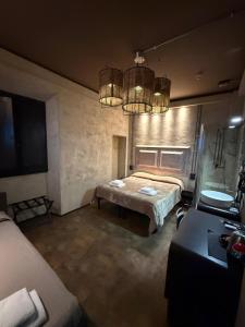 佛罗伦萨Hotel & Hostel 7的一间带床和吊灯的卧室
