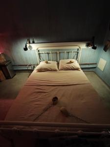 a bedroom with a bed with a chain on it at Glauque Room Horror and cinema themed studio in Béziers