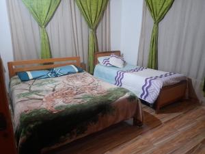 two beds in a bedroom with a dragon blanket at Granja Agroturistica Fruto de los andes in Nemocón