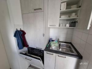 a small kitchen with a sink and white cabinets at Casa-Flores, um"Schwarzes Gold" zu erkunden in Bad Fallingbostel +7 photos