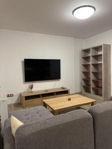 a living room with two couches and a flat screen tv at Apartmán U3 in Týniště nad Orlicí