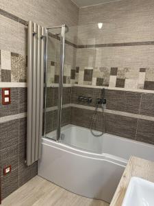 a bathroom with a tub and a shower and a sink at Apartmán U3 in Týniště nad Orlicí