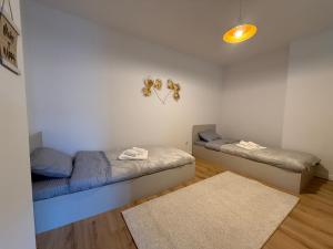 una habitación con dos camas y una alfombra en City Center Penthouse Mitrovice, en Kosovska Mitrovica