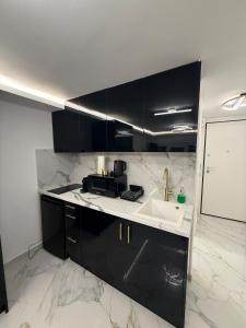 a kitchen with black cabinets and a white sink at City Center Lux Studio in Athens