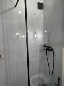 a shower with a glass door in a bathroom at Panthera-urban-studio in Xanthi +19 photos