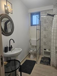 een badkamer met een wastafel, een toilet en een spiegel bij East apartment in Tecuci