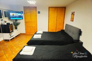 una camera d'albergo con due letti e una televisione di Villa Eterna Mungibeddu a Paterno