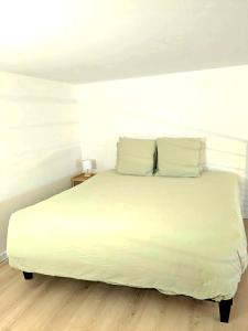 MarcyにあるLogement tout confort au calme dans un ancien Fenilの枕が2つ置かれた白いベッド +9枚の写真