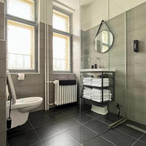 a bathroom with a toilet and a sink and a mirror at Resident Rebels in Železná Ruda