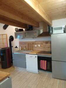 a kitchen with white appliances and wooden ceilings at Nid cozy au Lioran in Le Lioran
