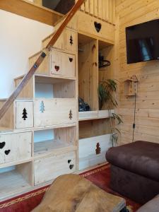 a log cabin with a tv and a book shelf at Nid cozy au Lioran in Le Lioran