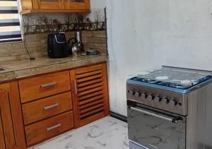 una cocina con estufa y encimera en S And K Holiday Stay, en Beruwala
