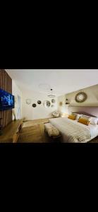 ein Schlafzimmer mit einem großen Bett und einem Fernseher in der Unterkunft Le côte d opale bohème plage in Calais