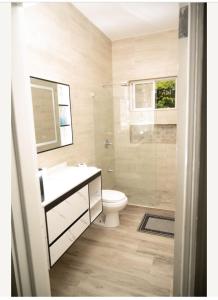 a bathroom with a toilet and a sink and a shower at La Retraite Apt in Rodney Bay Village