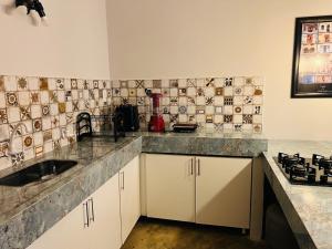 バイーア・フォルモーザにあるCasa Fundo de Quintalのシンクとカウンタートップのあるキッチン