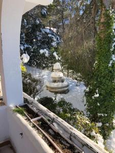 una vista di un giardino con una fontana nella neve di La Huerta de Chocolate Mínimo 2 años larga duración ad Albalate de Zorita