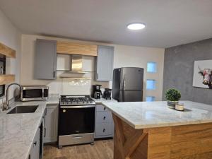 马塔莫罗斯Modern Industrial Artsy Apt Remodel Secure的厨房配有白色橱柜和黑色冰箱