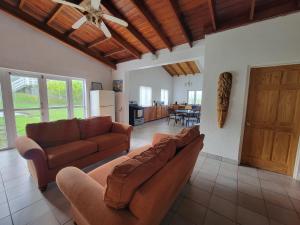 ein Wohnzimmer mit zwei braunen Sofas und einer Küche in der Unterkunft A Serene Get Away in Vieux Fort