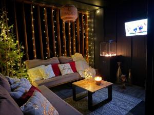 a living room with a couch and a christmas tree at Leśny Azyl in Zwierzyniec